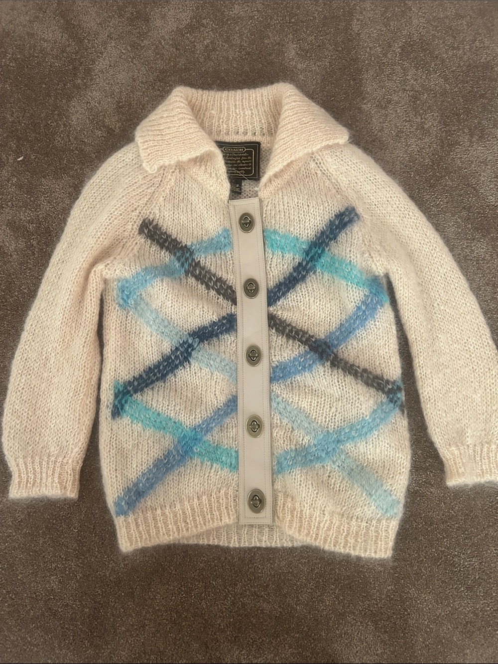Coach Cream Mohair Blend Button-Up Cardigan with Blue Argyle